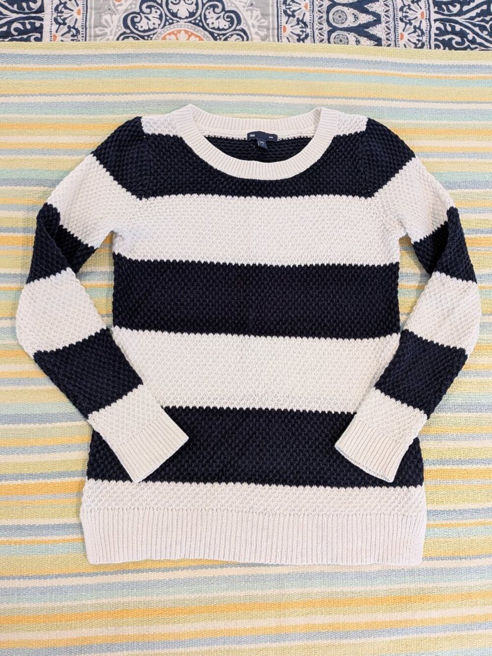 ⭐ Gap Nautical Block Stripe Crewneck Sweater S Navy Cream Chunky Textured Knit